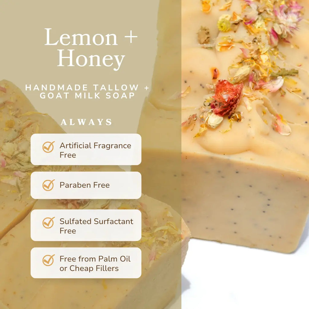 Lemon + Honey + Poppy Seed Handmade Tallow and Goat Milk Soap Bar Pretty farm girl